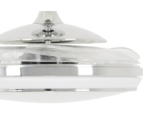 Vue détaillée d''un ventilateur de plafond avec des pales de rotor transparentes et un boîtier blanc