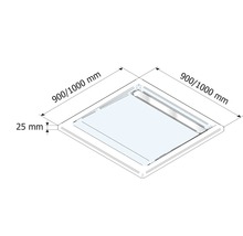 Technische Zeichnung einer Duschwanne mit den Maßen 900/1000 mm und einer Randhöhe von 25 mm.