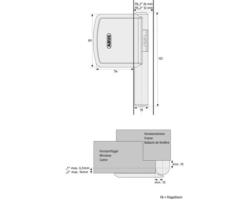 Dessin technique d''une poignée de fenêtre ABUS avec indication des dimensions