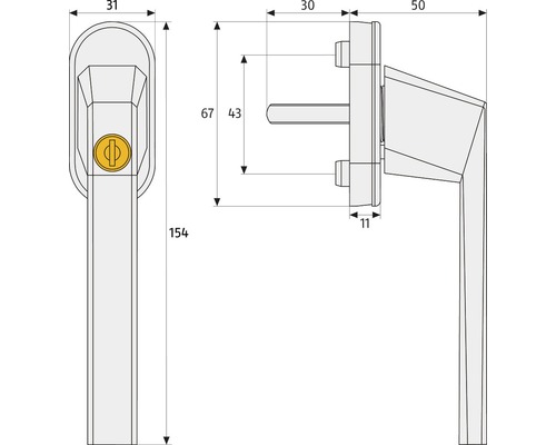 Abbildung mit Maßangaben eines Fenstergriffs