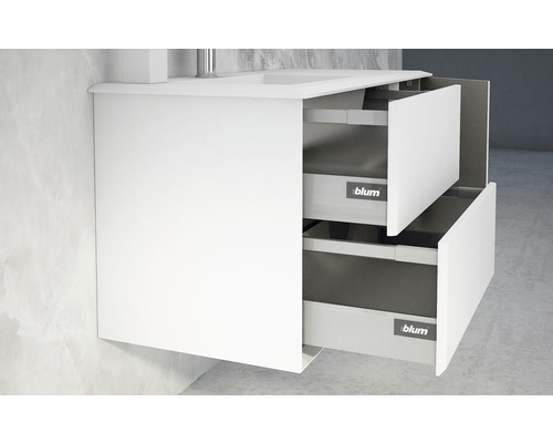 Meuble sous-lavabo avec deux tiroirs ouverts