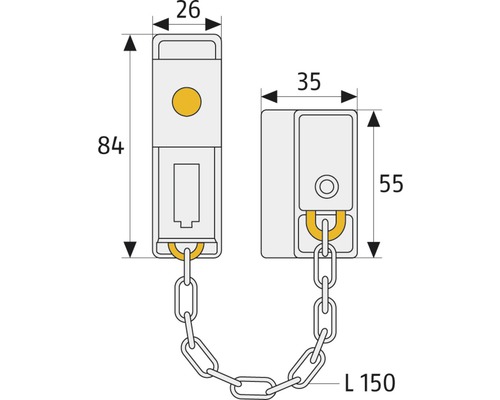 Schéma technique d''un judas de porte avec chaîne et dimensions 84 x 26 x 150 mm.