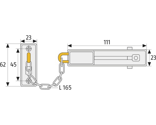 Schéma technique d''une sécurité de porte avec chaîne et indications de dimension