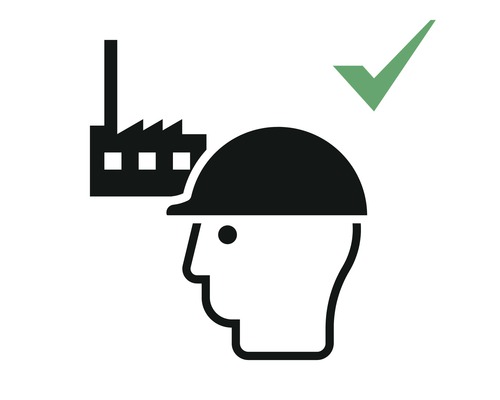 Symbol für einen Arbeiter mit Helm vor einer Fabrik, daneben ein grüner Haken