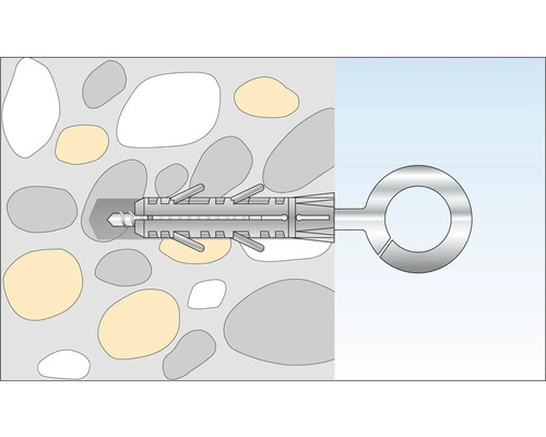 Illustration d''une cheville à béton avec vis à œil dans un mur en pierre