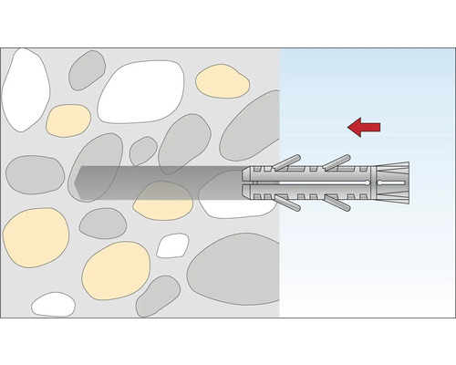 Illustration d''une fixation par cheville dans un mur en pierre avec une flèche rouge indiquant la direction
