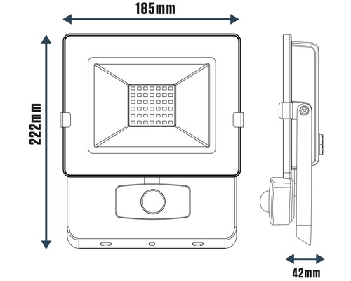 Skizze eines LED-Strahlers mit Bewegungsmelder und Maßangaben.