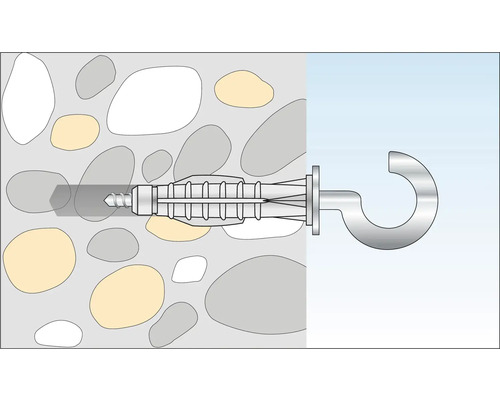 Illustration d''une cheville universelle avec vis à crochet dans un mur