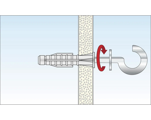 Illustration d''une fixation de cheville pour corps creux avec vis à crochet et flèche rouge représentant le mouvement de rotation