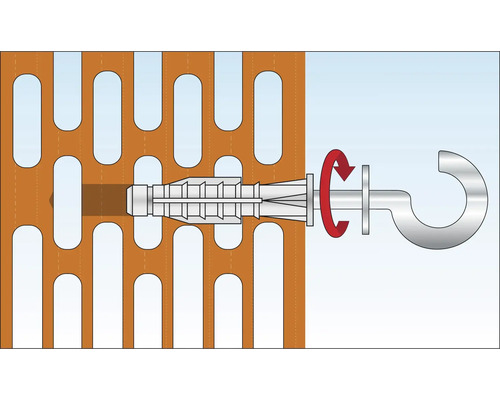 Illustration d''une cheville avec vis à crochet dans une brique perforée