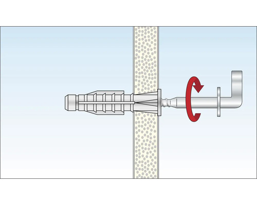 Illustration d''une vis avec cheville dans un mur et d''un équerre fixé à celle-ci, mis en rotation par une flèche.