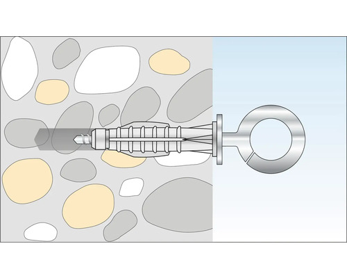 Illustration d''une cheville à béton avec vis à anneau dans un mur en pierre
