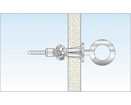 Fixation d''une cheville pour corps creux avec vis à anneau dans un mur.