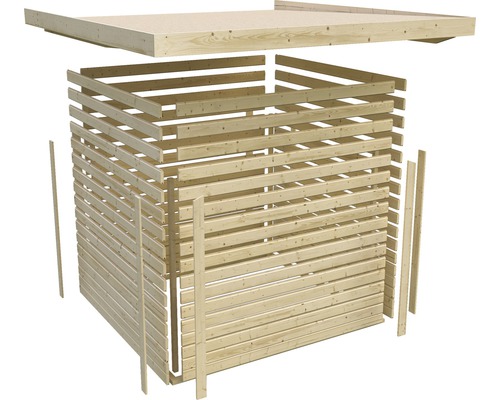 Explosionszeichnung eines Holzgartenhauses mit Dach