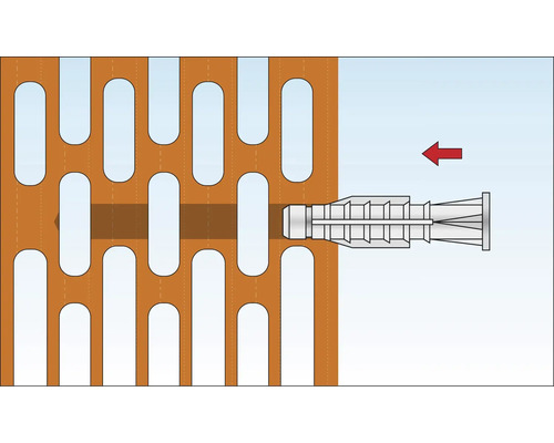 Illustration d''une fixation par cheville dans une brique perforée.