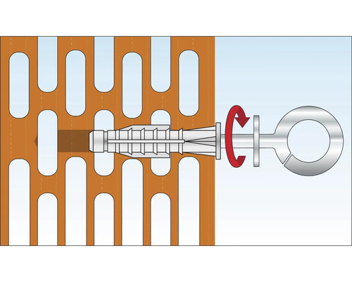 Illustration d''une cheville dans un mur en briques perforées avec une vis qui tourne