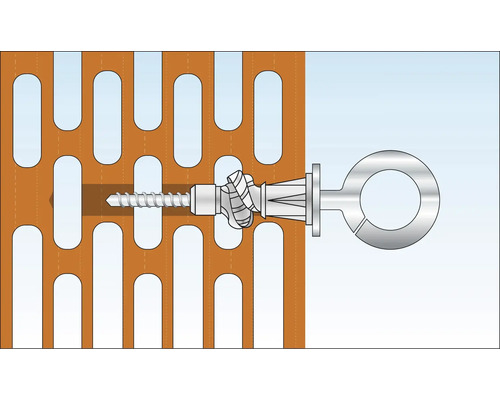 Image d''une cheville pour corps creux avec vis à œil dans une plaque perforée.