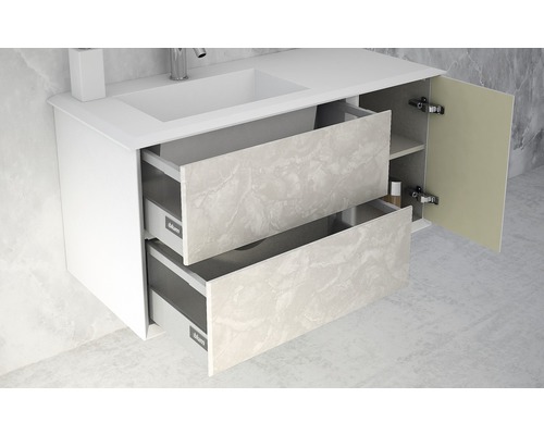 Meuble-lavabo avec système de tiroirs ouverts et armoire