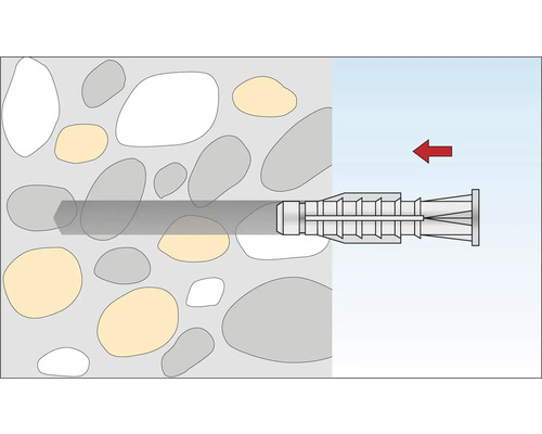 Illustration d''une fixation par cheville dans un mur de pierre avec une flèche rouge indiquant le sens d''insertion.