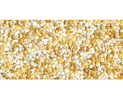 Kit de tapis de pierre 1 m² Ravello moyen jaune zone intérieure - sol Gros plan de galets dans les tons jaunes et blancs.