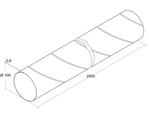 Illustration d''un conduit de ventilation mesurant 100 millimètres de diamètre, 0,6 millimètre d''épaisseur de paroi et 2000 millimètres de longueur