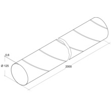 Illustration eines Wickelfalzrohrs mit den Maßen 125 Millimeter Durchmesser und 2000 Millimeter Länge