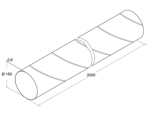 Dessin technique d''un tube de dimensions 0,6 millimètre, diamètre 150 millimètres et d''une longueur de 2000 millimètres.