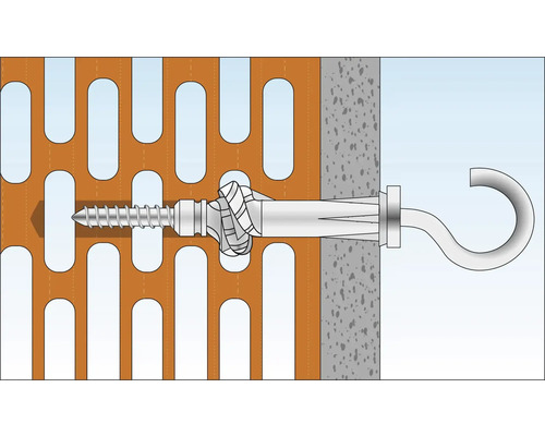 Illustration d''une cheville pour corps creux avec crochet à visser dans un mur.