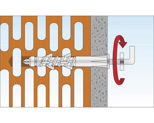 Illustration d''un ancrage à vis dans une façade perforée et un mur en béton avec mouvement de rotation