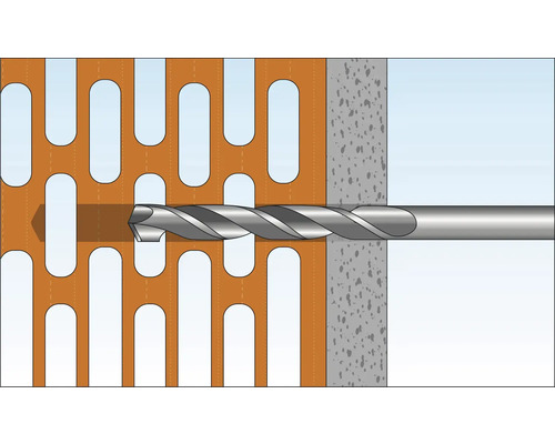 Illustration d''une perceuse perçant un mur de béton à travers une brique.
