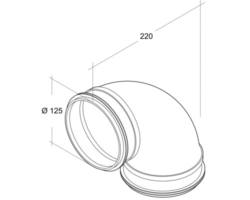Abbildung eines Winkelstücks mit den Maßen 125 mm Durchmesser und 220 mm Länge
