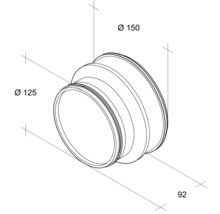 Technische Zeichnung eines Rohrverbindungsstücks mit den Durchmessern 125 Millimeter und 150 Millimeter sowie einer Länge von 92 Millimetern.