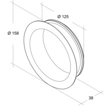 Technische Zeichnung eines Rings mit den Durchmessern 158 und 125 Millimeter sowie einer Breite von 38 Millimeter.