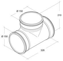 Technische Zeichnung eines T-Stücks mit Durchmesser 150 Millimeter und den Maßen 210 x 328 Millimeter.