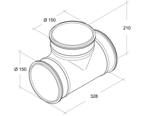 Technische Zeichnung eines T-Stücks mit Durchmesser 150 Millimeter und den Maßen 210 x 328 Millimeter.