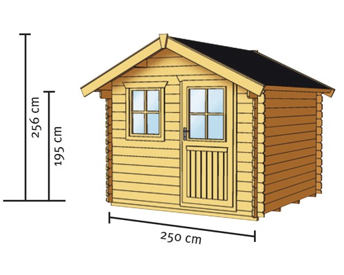 Illustration d''un abri de jardin avec des dimensions de 250 cm de largeur, 195 cm de hauteur de paroi et 256 cm de hauteur totale.