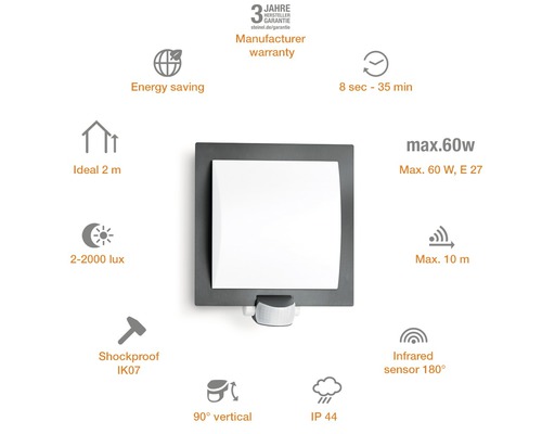 Lampe Steinel avec détecteur infrarouge 180 degrés, résistante aux chocs IK07, IP 44