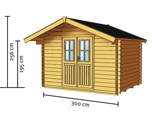 Illustration eines Gartenhauses mit einer Breite von 300 cm und einer Höhe von 256 cm.