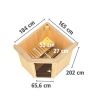 Abmessungen der Holzsauna: 184 cm x 165 cm x 202 cm