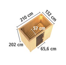Abmessungen der Sauna: 210 cm Länge, 132 cm Breite, 202 cm Höhe, Sitzbank 57 cm tief, Frontelement 65,6 cm breit
