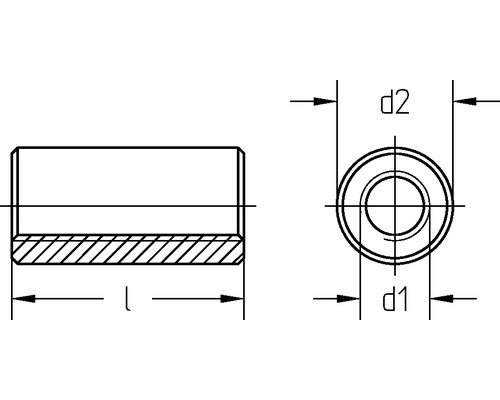 Schéma technique d''une douille avec les dimensions longueur, d1 et d2.