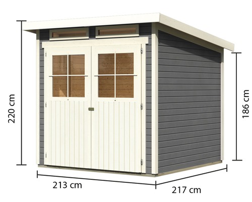 Gartenhaus mit Doppeltür, Fenstern und den Maßen 220 cm Höhe, 213 cm Breite und 217 cm Tiefe.
