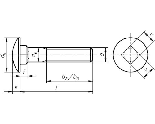 Technische Zeichnung eines Schlossschraubenkopfes mit Maßangaben