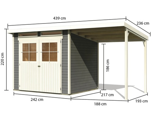 Gartenhaus mit Carport und Maßangaben