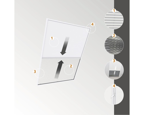 Illustration eines Plissees mit Details zur Stoffstruktur und Bedienung