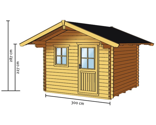 Abbildung eines Gartenhauses mit den Maßen 300 cm Breite, 227 cm Seitenwandhöhe und 287 cm Gesamthöhe.