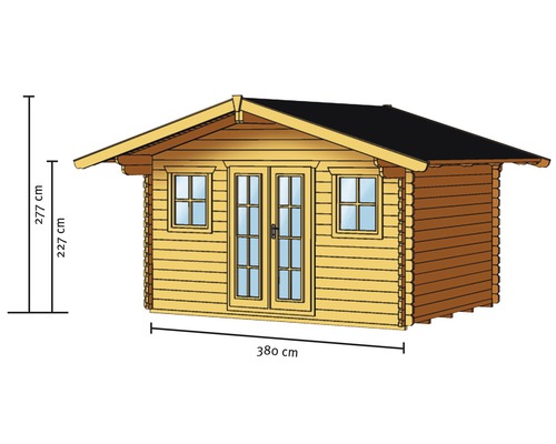 Illustration d''un abri de jardin en bois avec double porte et fenêtres, dimensions 380 x 277 x 227 cm.