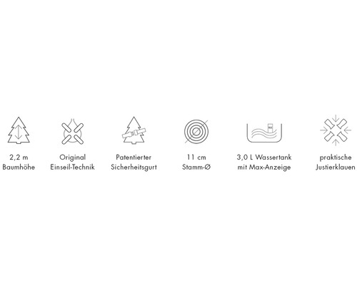Produktmerkmale: Baumhöhe 2,2 Meter, Einseiltechnik, patentierter Sicherheitsgurt, Stammdurchmesser 11 Zentimeter, 3,0 Liter Wassertank mit Maximalanzeige, Justierklauen