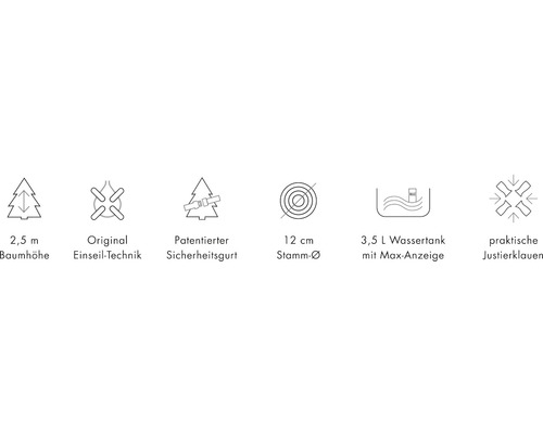 Symbole für Baumhöhe 2,5 m, Original Einseil-Technik, patentierter Sicherheitsgurt, 12 cm Stammdurchmesser, 3,5 Liter Wassertank mit Maximalanzeige, praktische Justierklauen