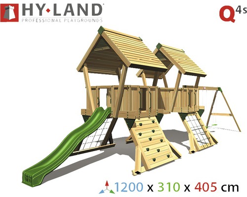 Aire de jeux Hy-Land avec toboggan, balançoire, mur d''escalade et deux tours de jeux